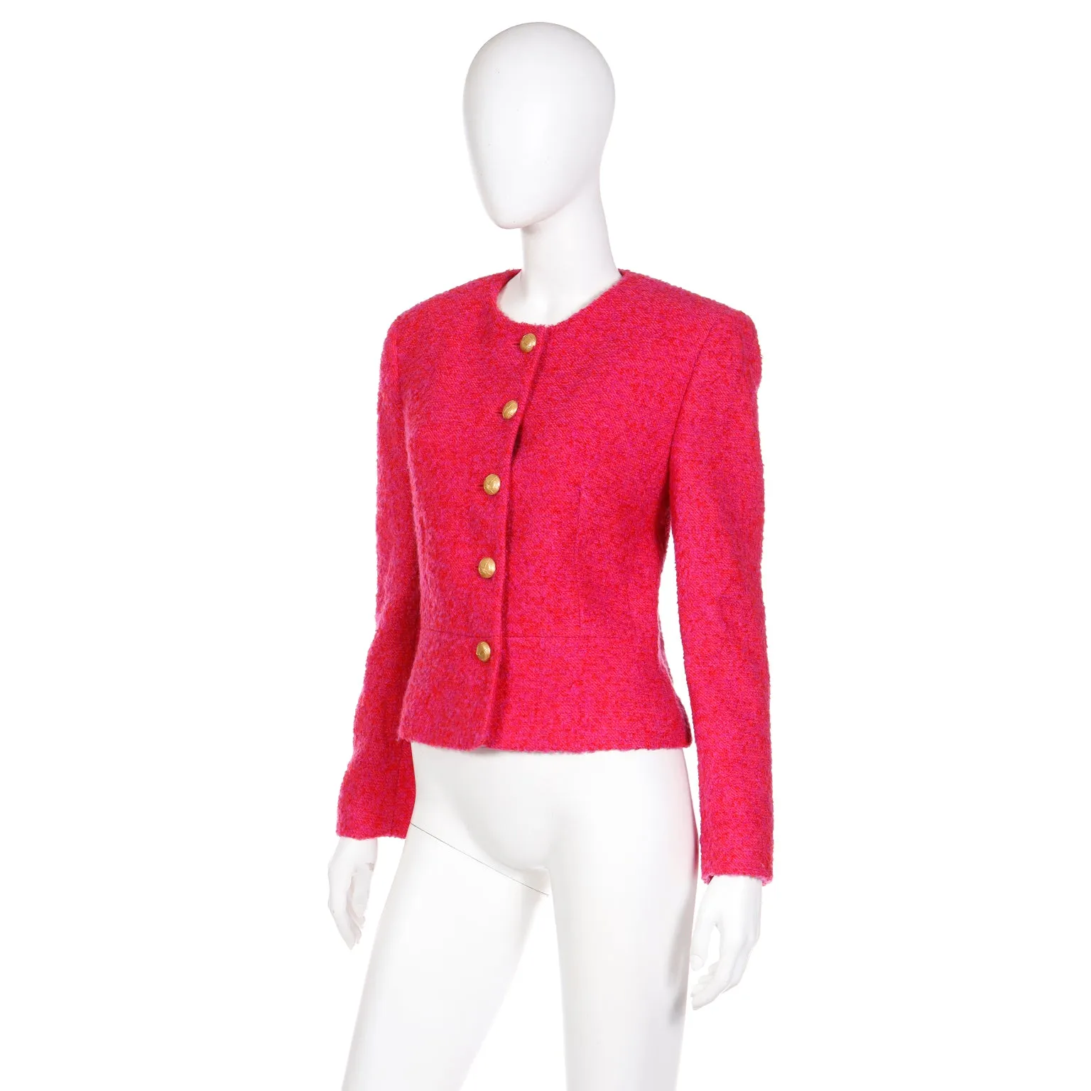 1980s Louis Feraud Pink & Red Boucle Wool Mohair Cropped Jacket