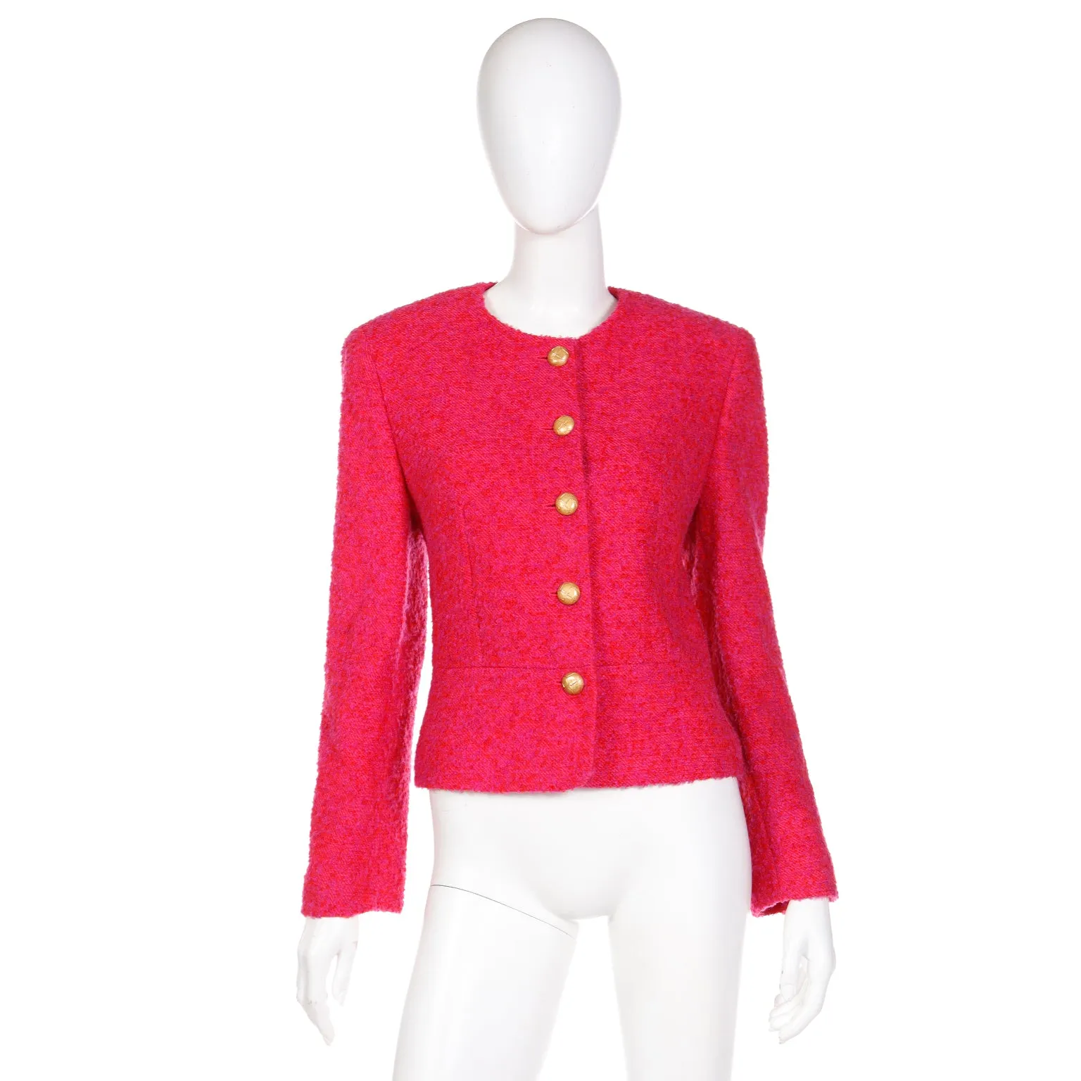 1980s Louis Feraud Pink & Red Boucle Wool Mohair Cropped Jacket