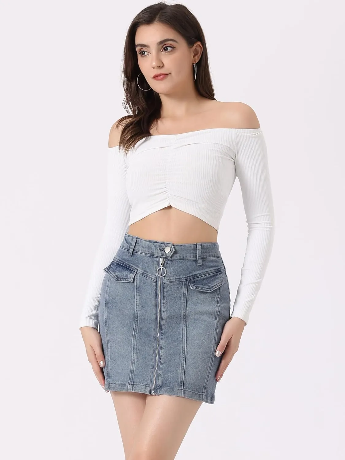 Allegra K Women's Bodycon Denim Skirts Stretch Washed Zip Front Jean Mini Skirt