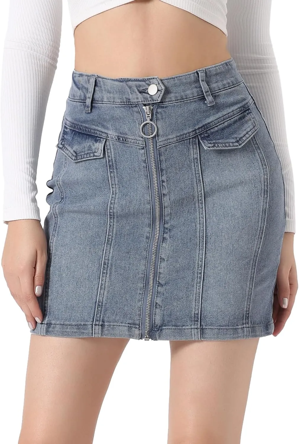 Allegra K Women's Bodycon Denim Skirts Stretch Washed Zip Front Jean Mini Skirt