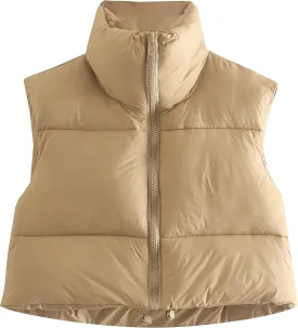 APAFES Womens Winter Cropped Puffer Vest High Stand Collar Lightweight Insulated Crop Vests Outerwear