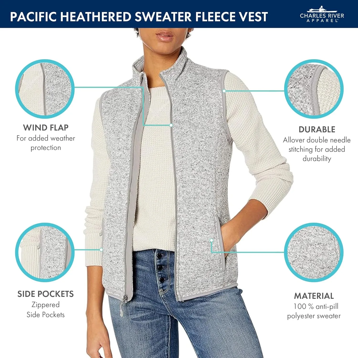 Charles River Apparel Women's Pacific Heathered Sweater Fleece Vest