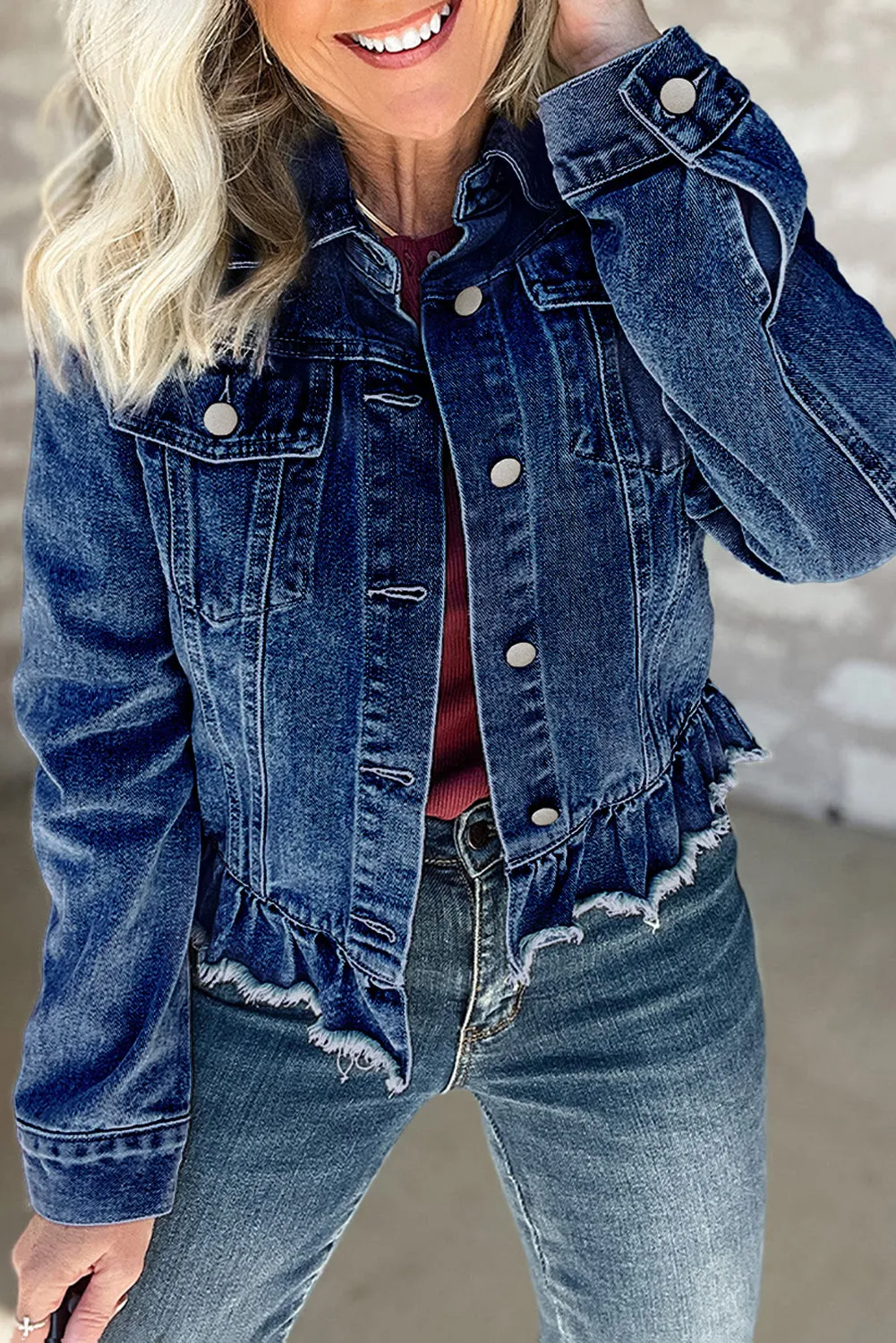 Denim Ruffle Raw Hem Jacket