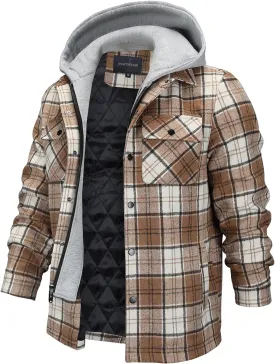 FTIMILD Men's Plaid Shirts Jacket Quilted Lined Flannel Shirts Sherpa Button Down Jackets with Hood for Men