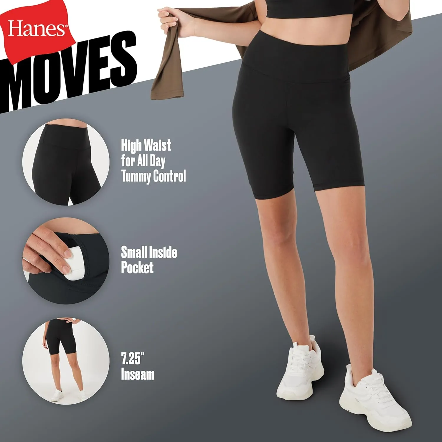 Hanes Women's Moves Bike, Soft & Stretchy Workout Shorts with Interior Pocket, Moisture-Wicking, 3 Or 7" Inseam