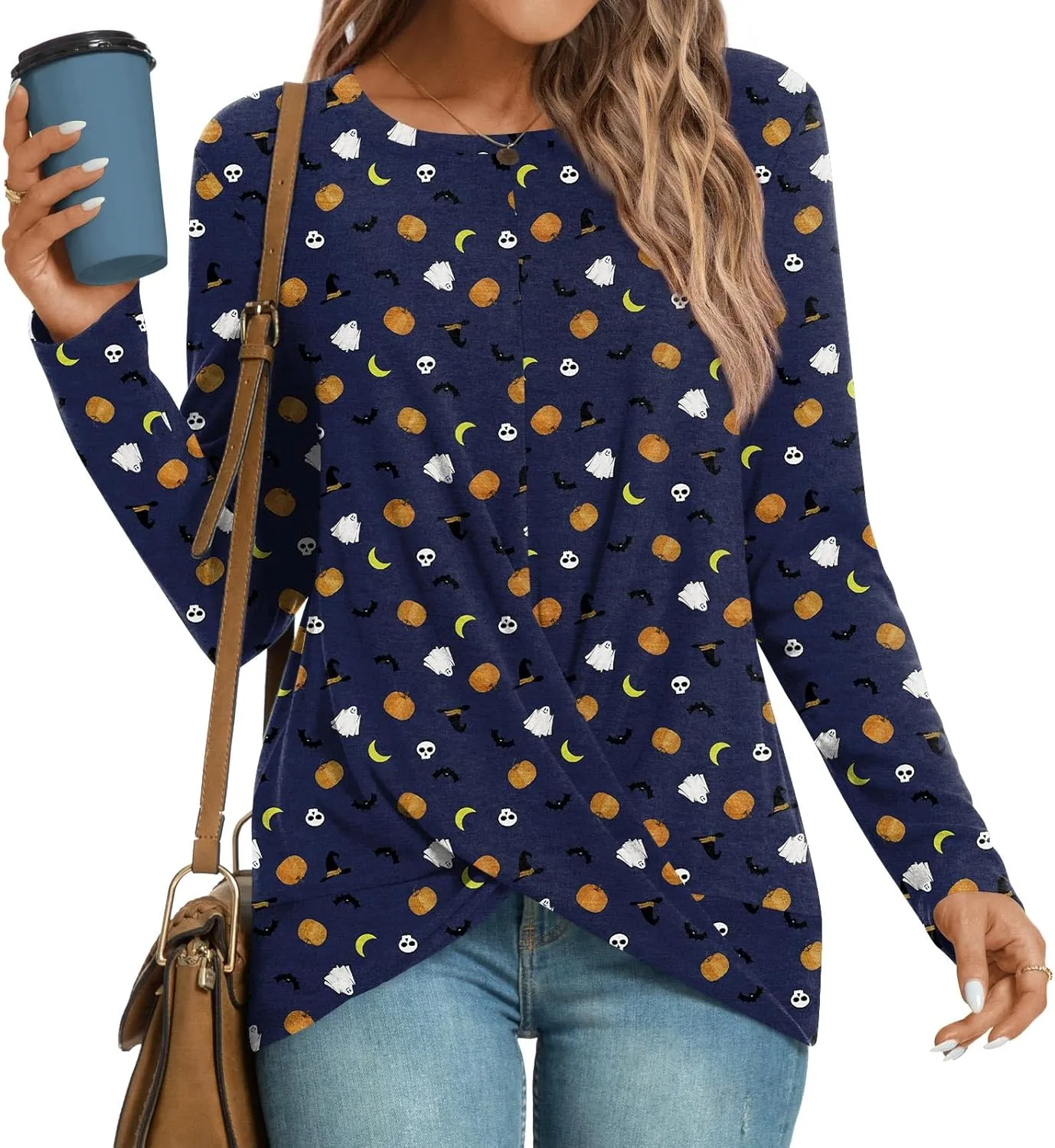 HOTGIFT Women's Long Sleeve Tunic Tops Casual Crewneck T-Shirts Front Twist Top Tee Blouse For Leggings