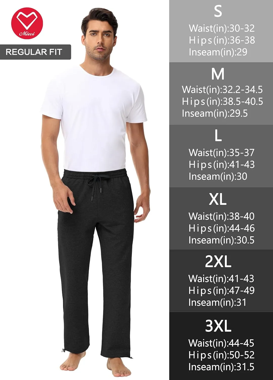 Men's 30" 34" 36" Cotton Yoga Sweatpants - Athletic Casual Lounge Open Bottom Straight Leg Loose Pants Zipper Pockets
