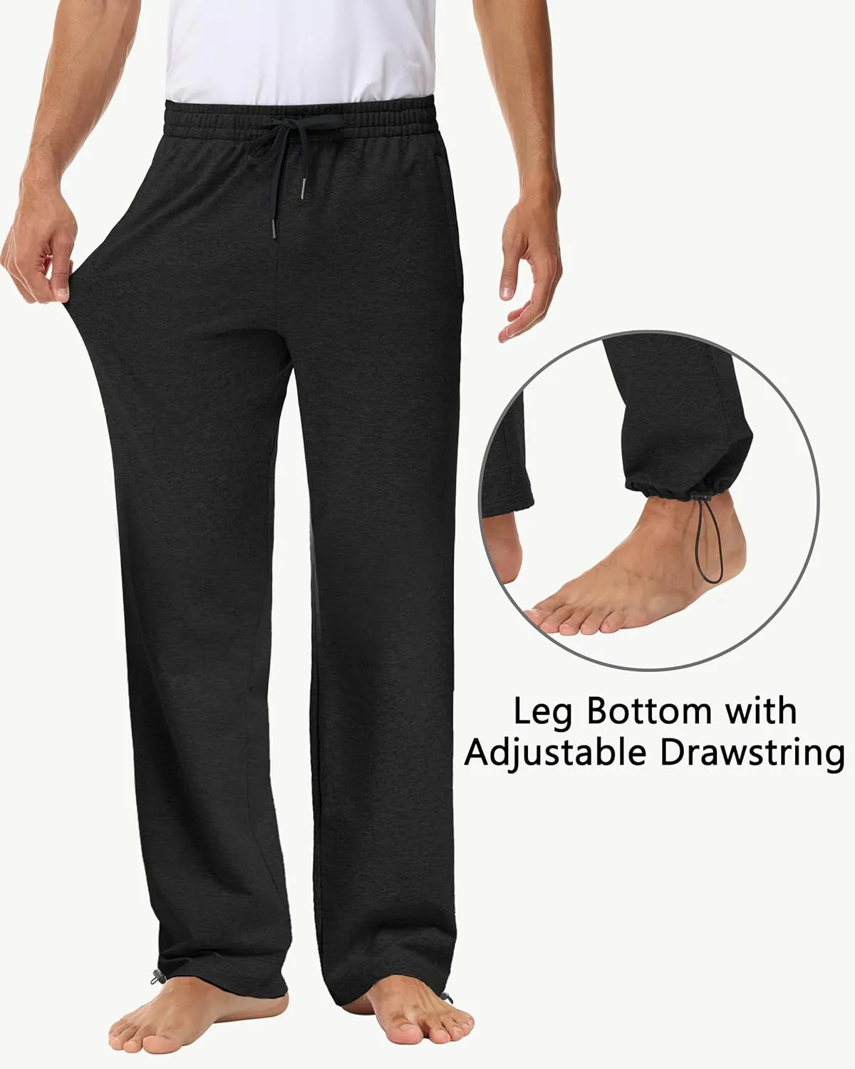Men's 30" 34" 36" Cotton Yoga Sweatpants - Athletic Casual Lounge Open Bottom Straight Leg Loose Pants Zipper Pockets
