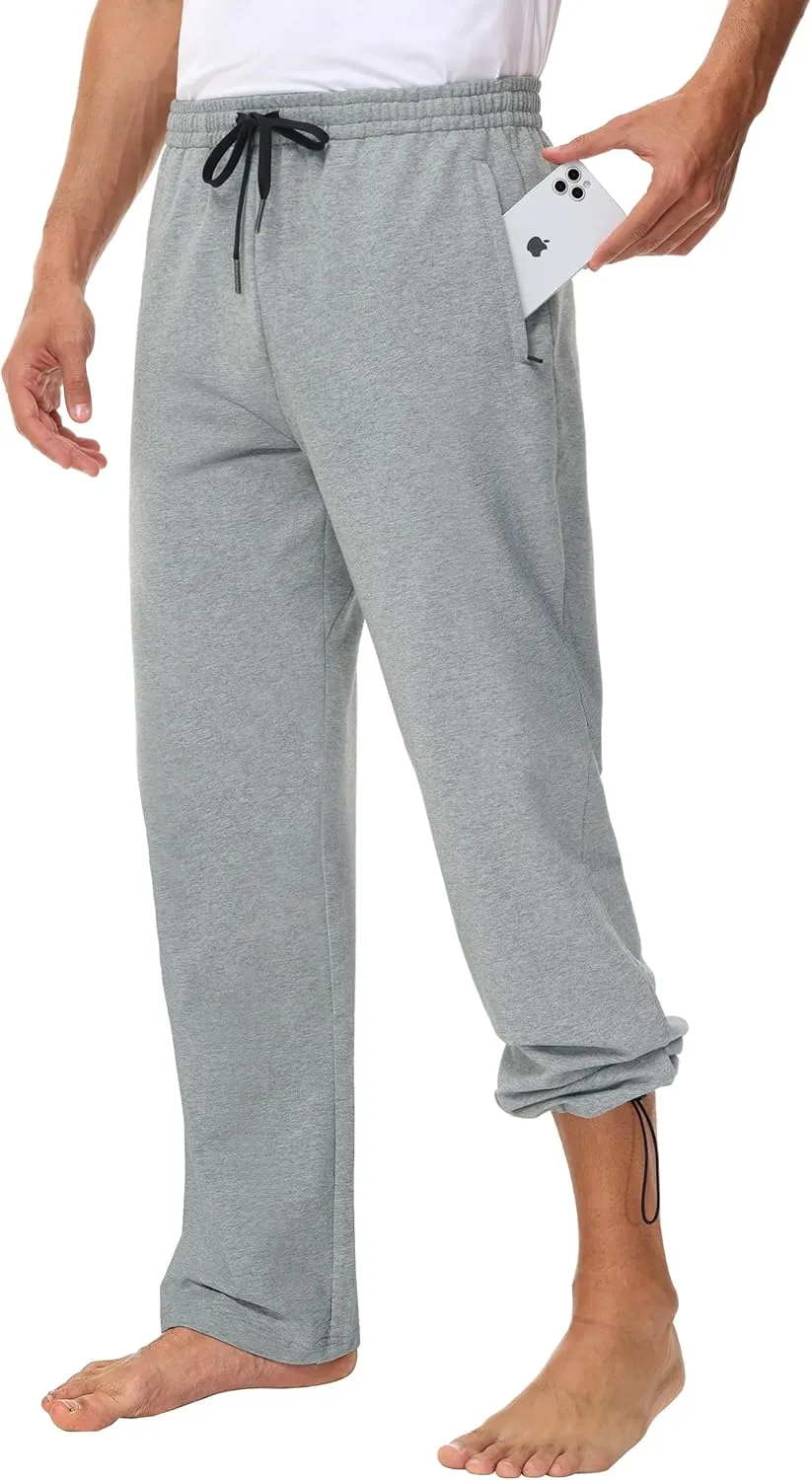 Men's 30" 34" 36" Cotton Yoga Sweatpants - Athletic Casual Lounge Open Bottom Straight Leg Loose Pants Zipper Pockets