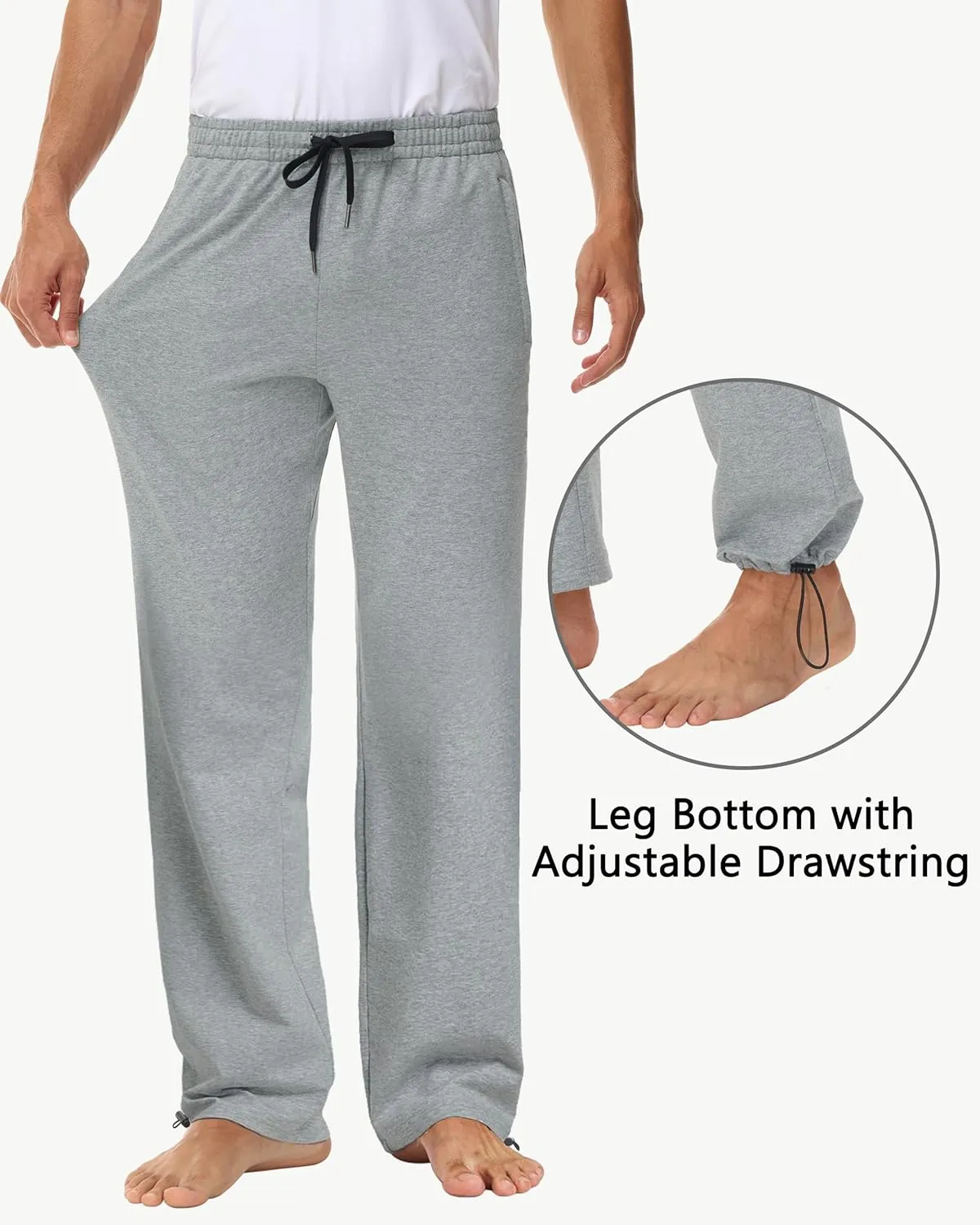 Men's 30" 34" 36" Cotton Yoga Sweatpants - Athletic Casual Lounge Open Bottom Straight Leg Loose Pants Zipper Pockets