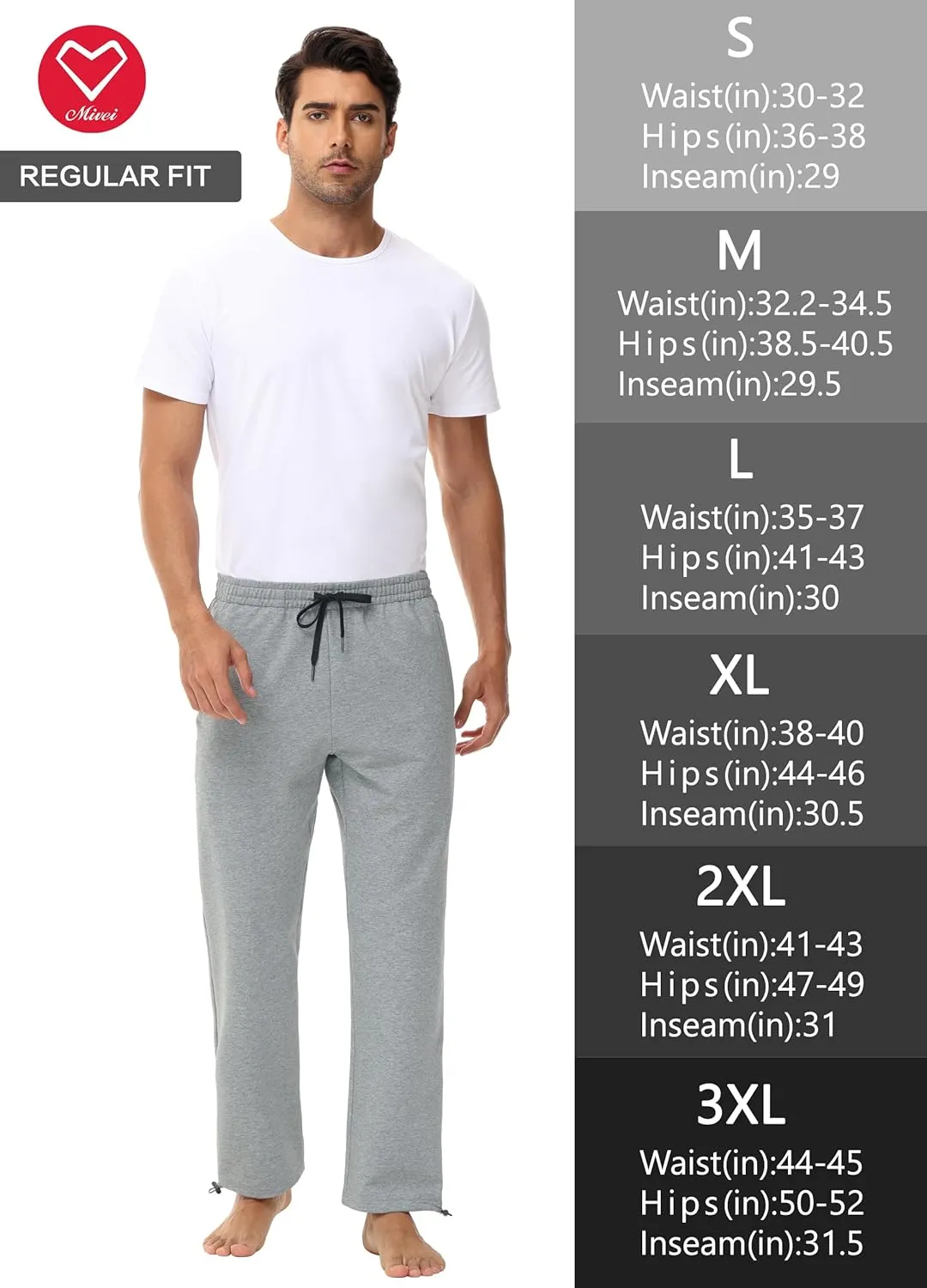 Men's 30" 34" 36" Cotton Yoga Sweatpants - Athletic Casual Lounge Open Bottom Straight Leg Loose Pants Zipper Pockets