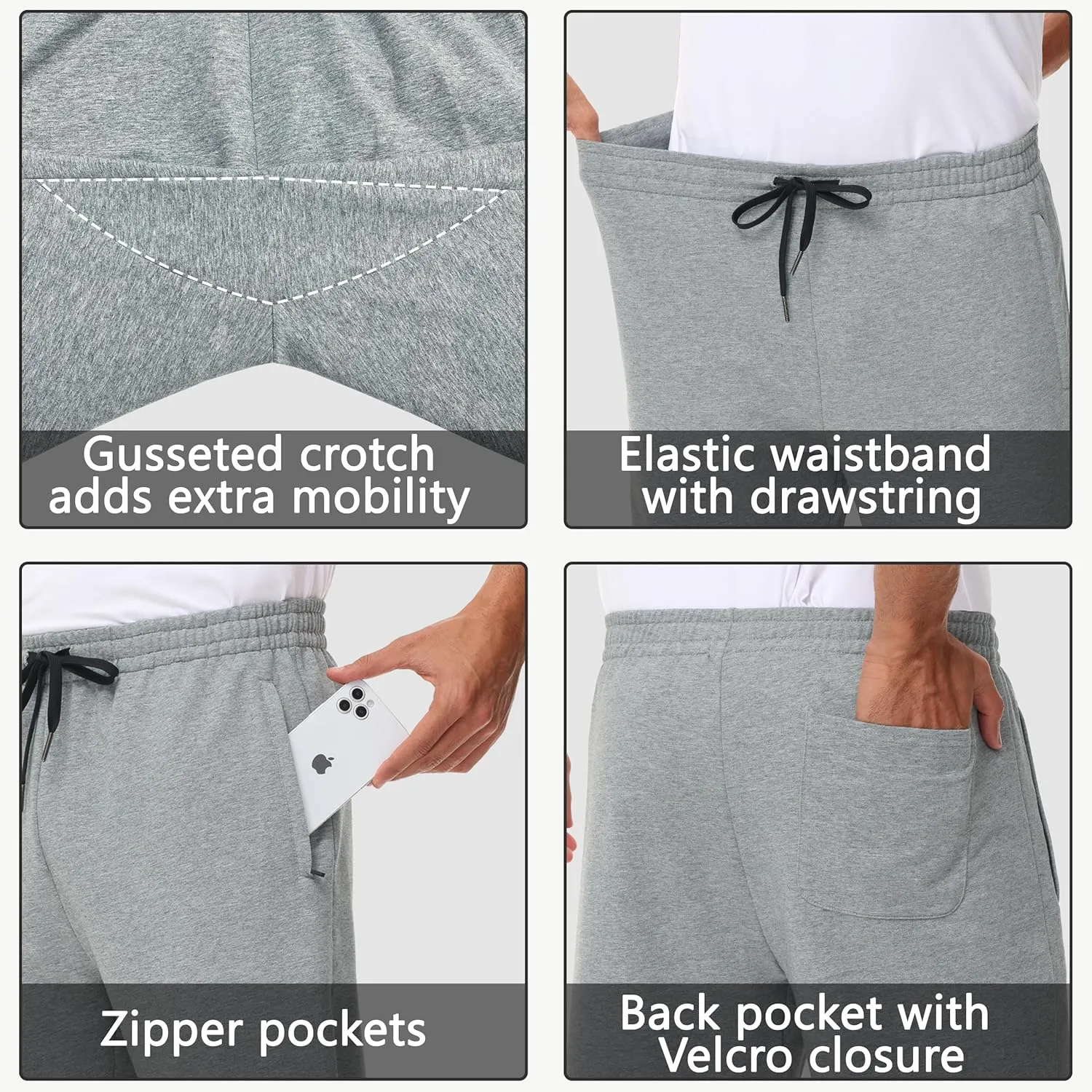 Men's 30" 34" 36" Cotton Yoga Sweatpants - Athletic Casual Lounge Open Bottom Straight Leg Loose Pants Zipper Pockets