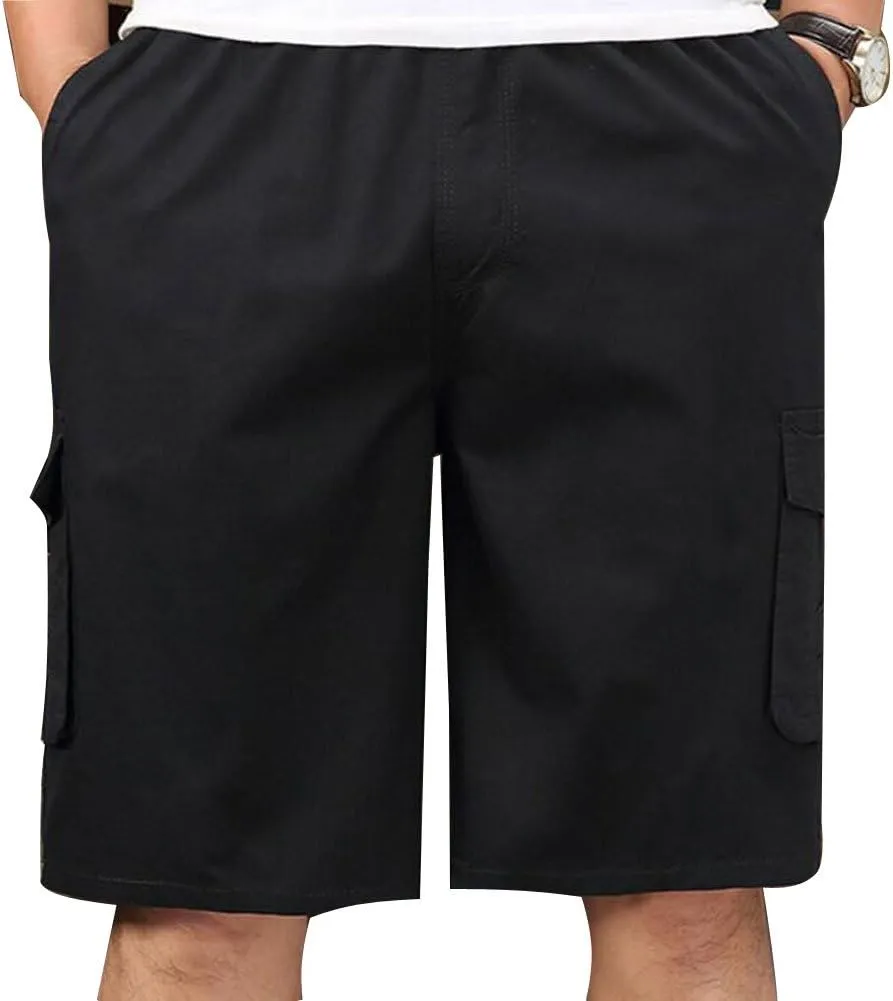 Men's Cotton Full Elastic Waist Cargo Shorts Loose Fit Drawstring Short