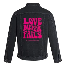 Mens LOVE NEVER FAILS Letter Graphic Button Up Denim Jacket