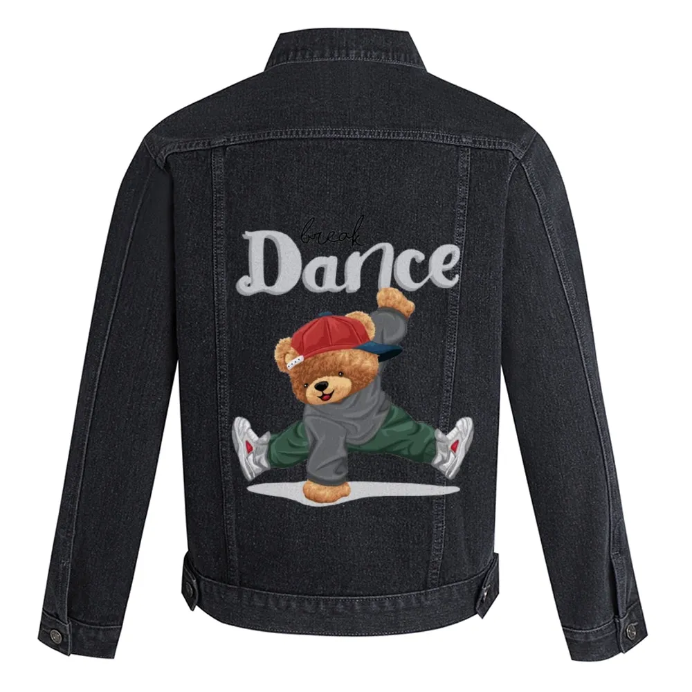 Mens Vintage Cartoon Cute Dance Bear Prints Denim Jacket