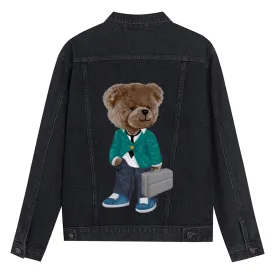 Mens Vintage Cartoon Cute Office Workers Bear Prints Denim Jacket