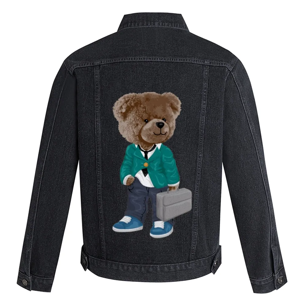 Mens Vintage Cartoon Cute Office Workers Bear Prints Denim Jacket