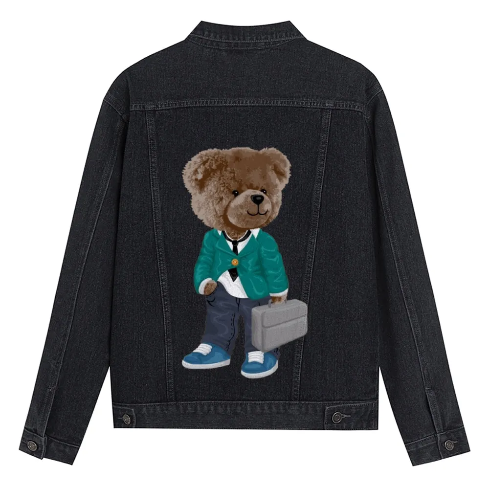 Mens Vintage Cartoon Cute Office Workers Bear Prints Denim Jacket