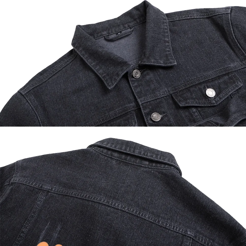 Mens Vintage Cartoon Prints NEVER TIRED T-REX SURFING COLLEGE Denim Jacket