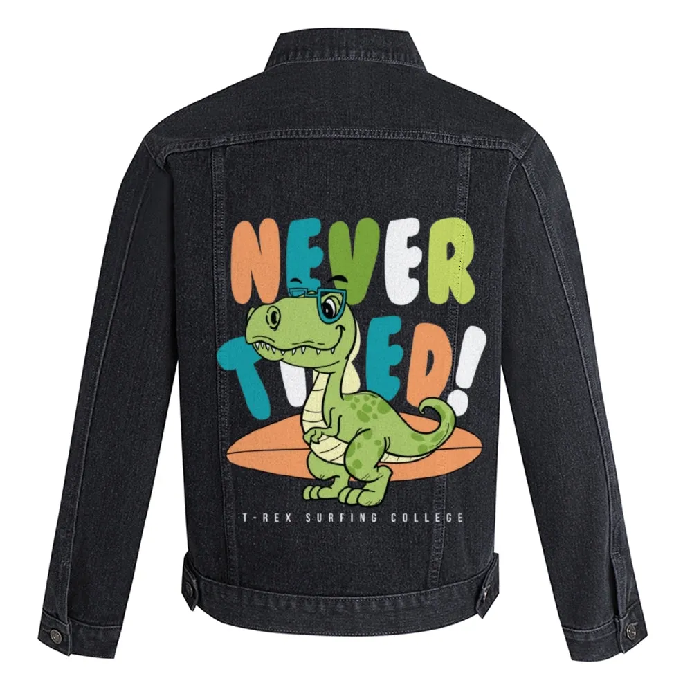 Mens Vintage Cartoon Prints NEVER TIRED T-REX SURFING COLLEGE Denim Jacket