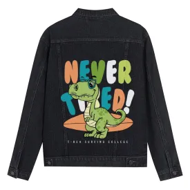 Mens Vintage Cartoon Prints NEVER TIRED T-REX SURFING COLLEGE Denim Jacket