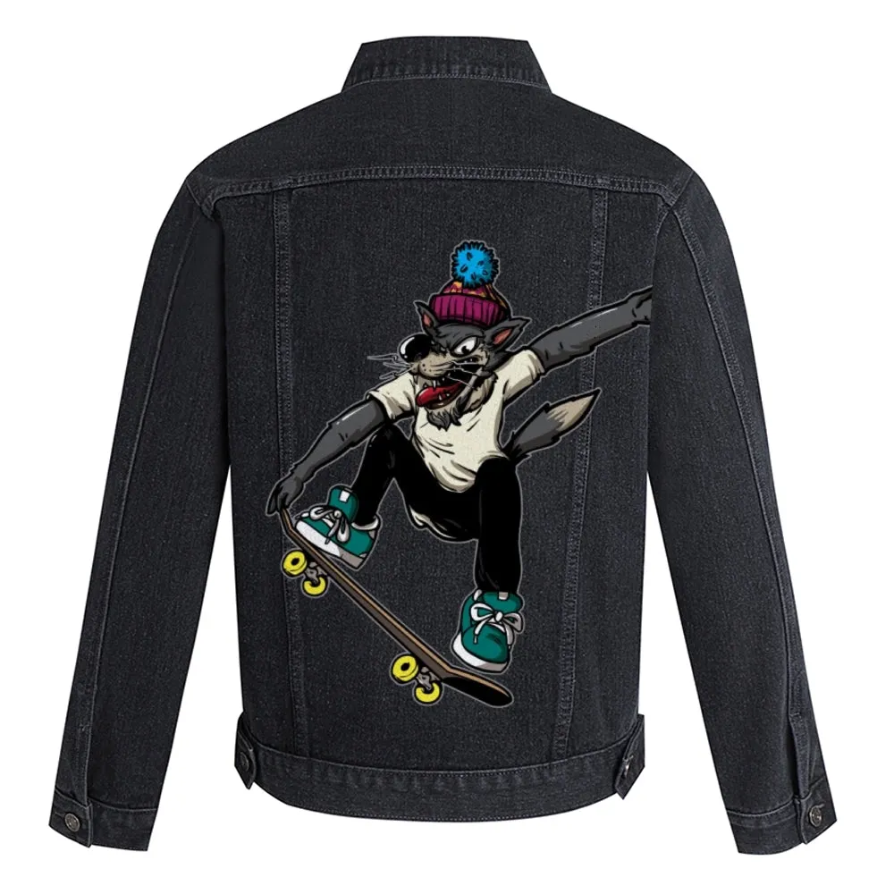 Mens Vintage Skate Cartoon Prints Gray Wolf Denim Jacket