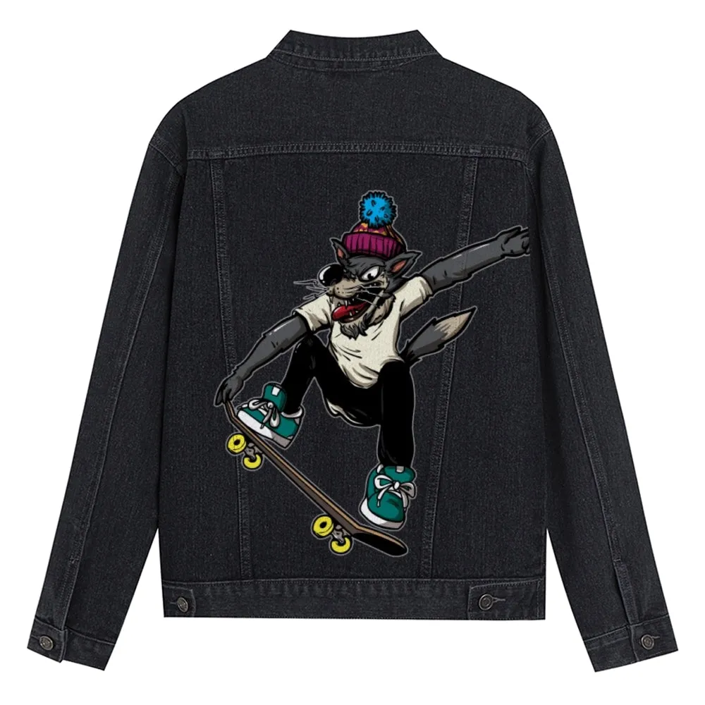 Mens Vintage Skate Cartoon Prints Gray Wolf Denim Jacket