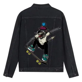 Mens Vintage Skate Cartoon Prints Gray Wolf Denim Jacket