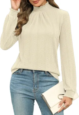 Micoson Womens Mock Neck Blouses Pleated Textured Shirts Long Sleeve Stretch Casual Tunic Tops Dressy Fashion Blouse