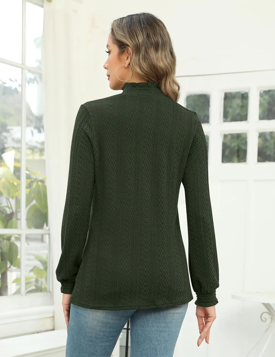Micoson Womens Mock Neck Blouses Pleated Textured Shirts Long Sleeve Stretch Casual Tunic Tops Dressy Fashion Blouse
