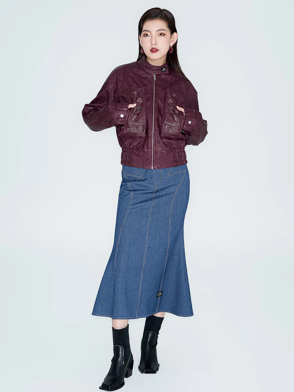 MUKZIN Linglong Wild Rose Vintage PU Motorcycle Jacket