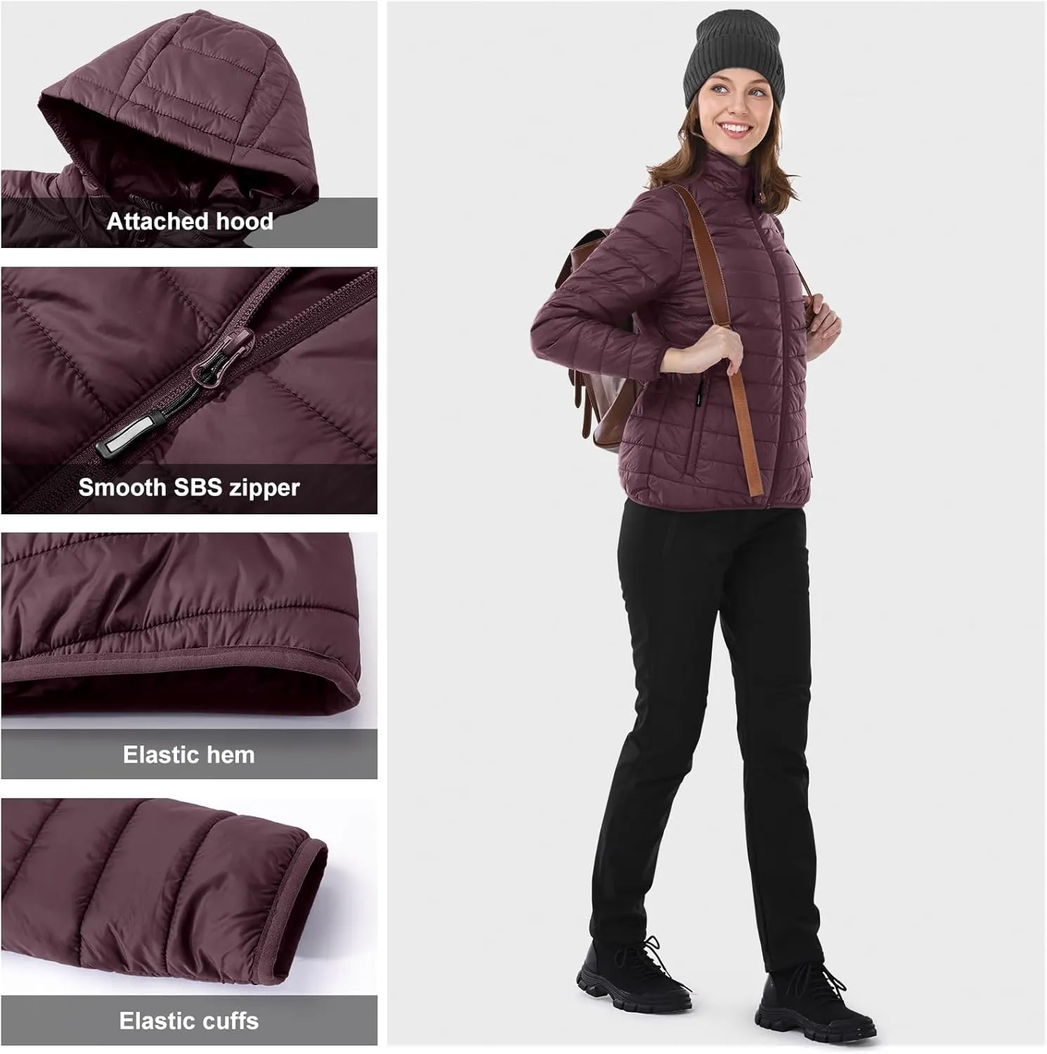 Outdoor Ventures Women's Packable Lightweight Full-Zip Puffer Jacket with Hood Quilted Winter Coat