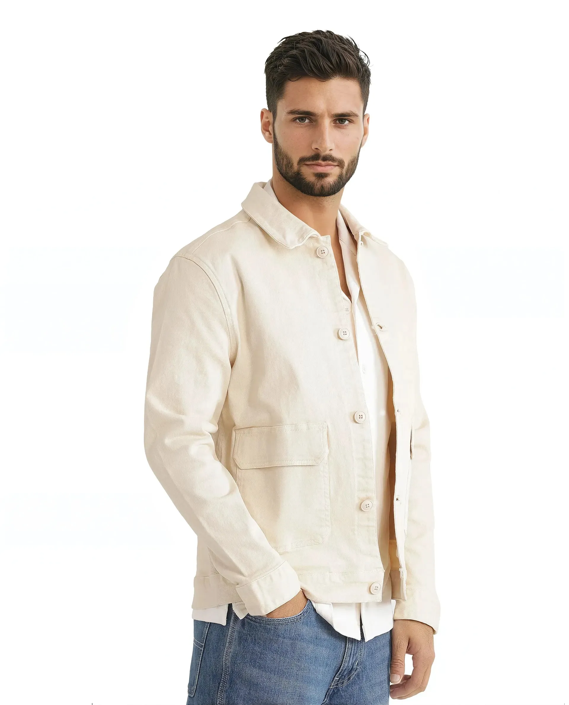 Rare Rabbit Men Volta Off White Cotton Blend Fabric Collared Neck Plain Jacket