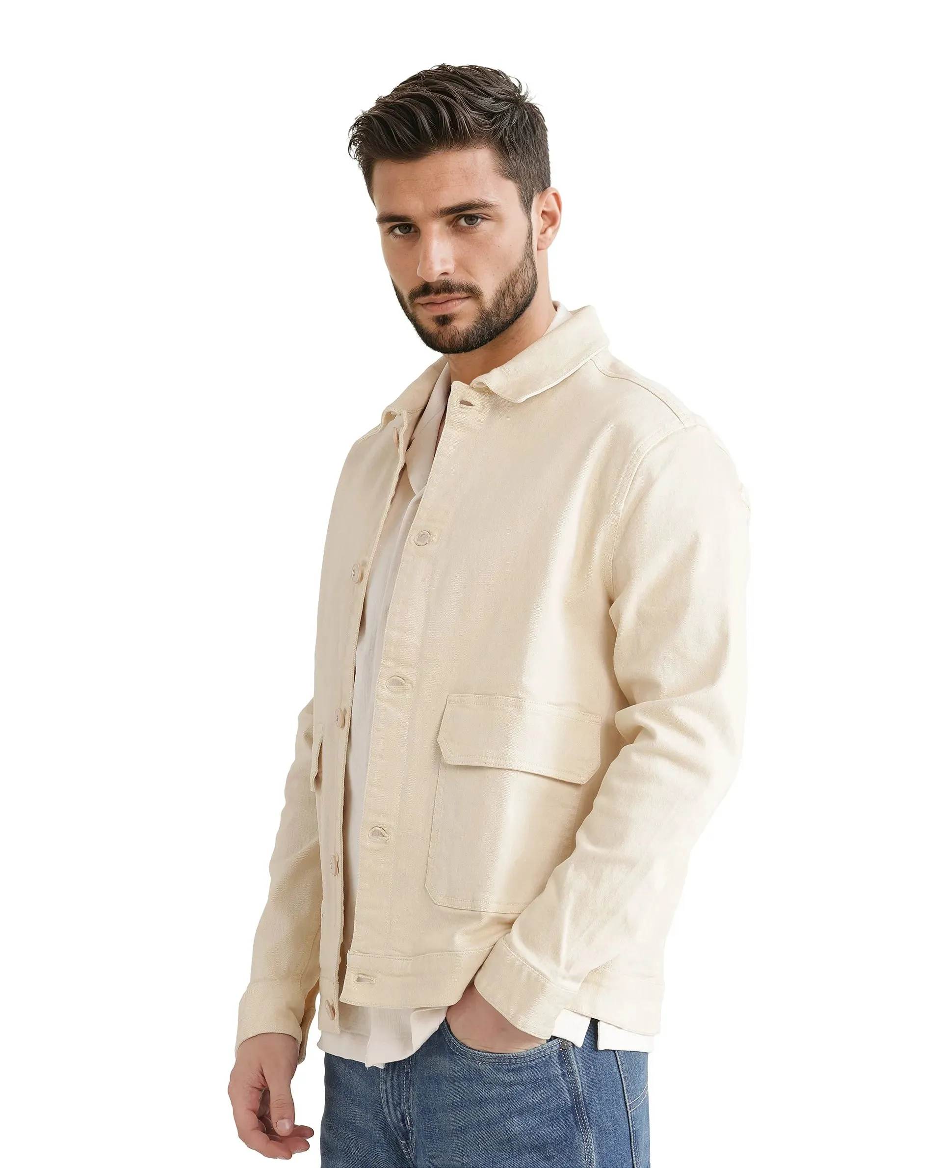 Rare Rabbit Men Volta Off White Cotton Blend Fabric Collared Neck Plain Jacket