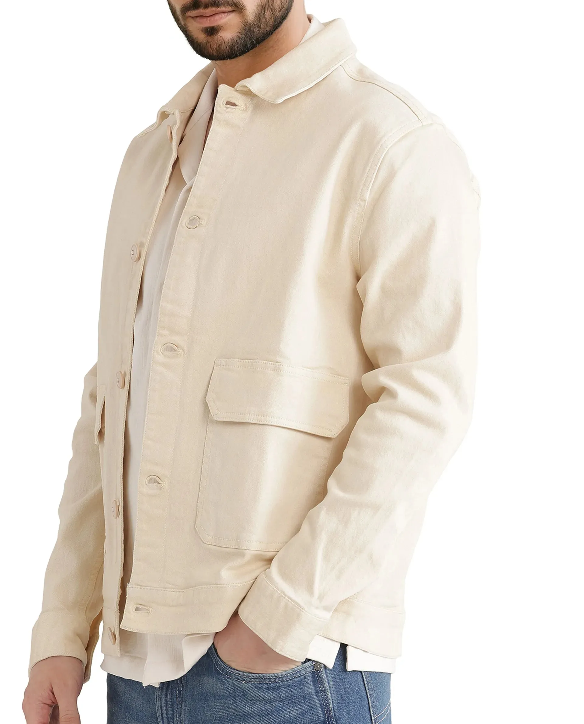 Rare Rabbit Men Volta Off White Cotton Blend Fabric Collared Neck Plain Jacket