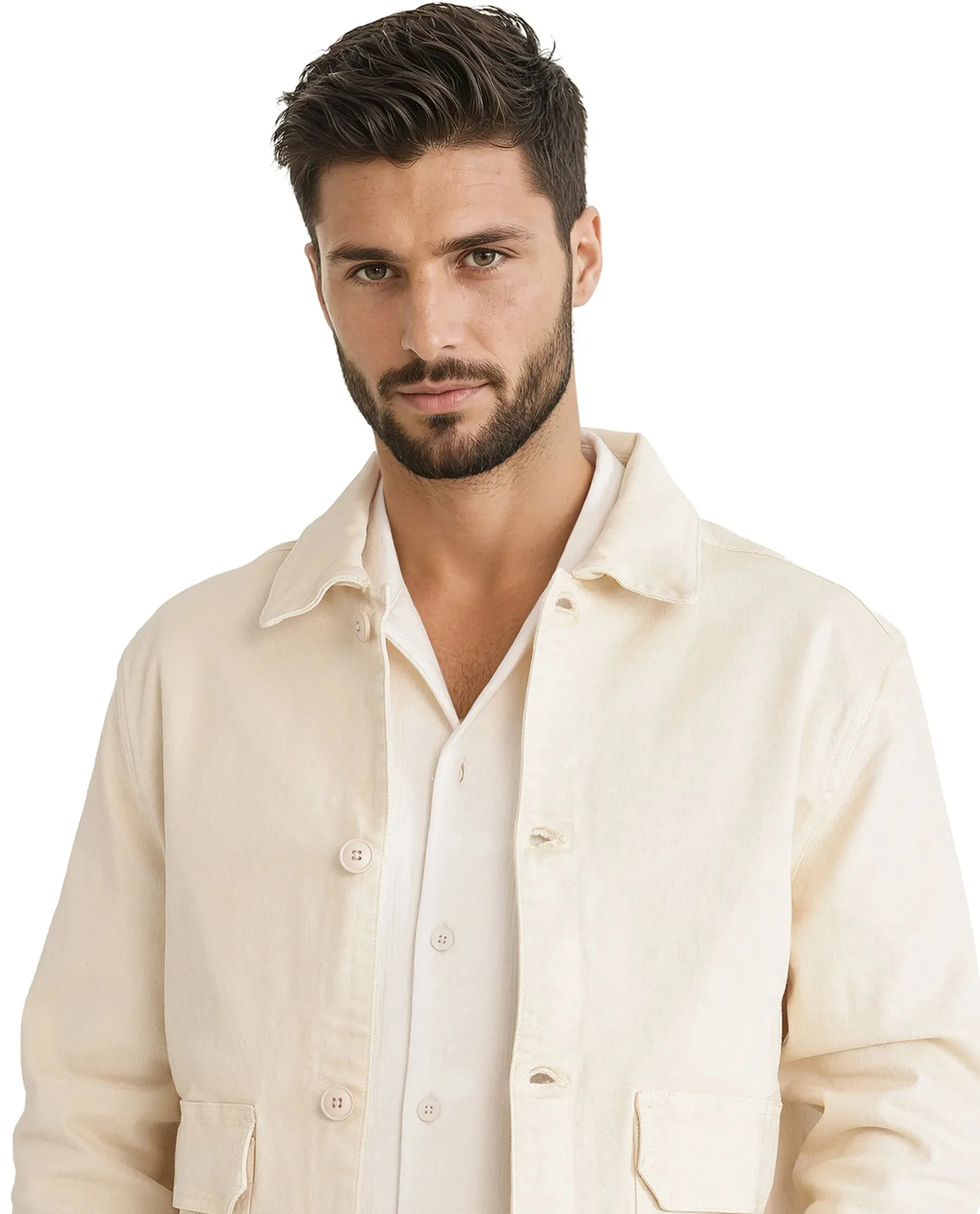 Rare Rabbit Men Volta Off White Cotton Blend Fabric Collared Neck Plain Jacket