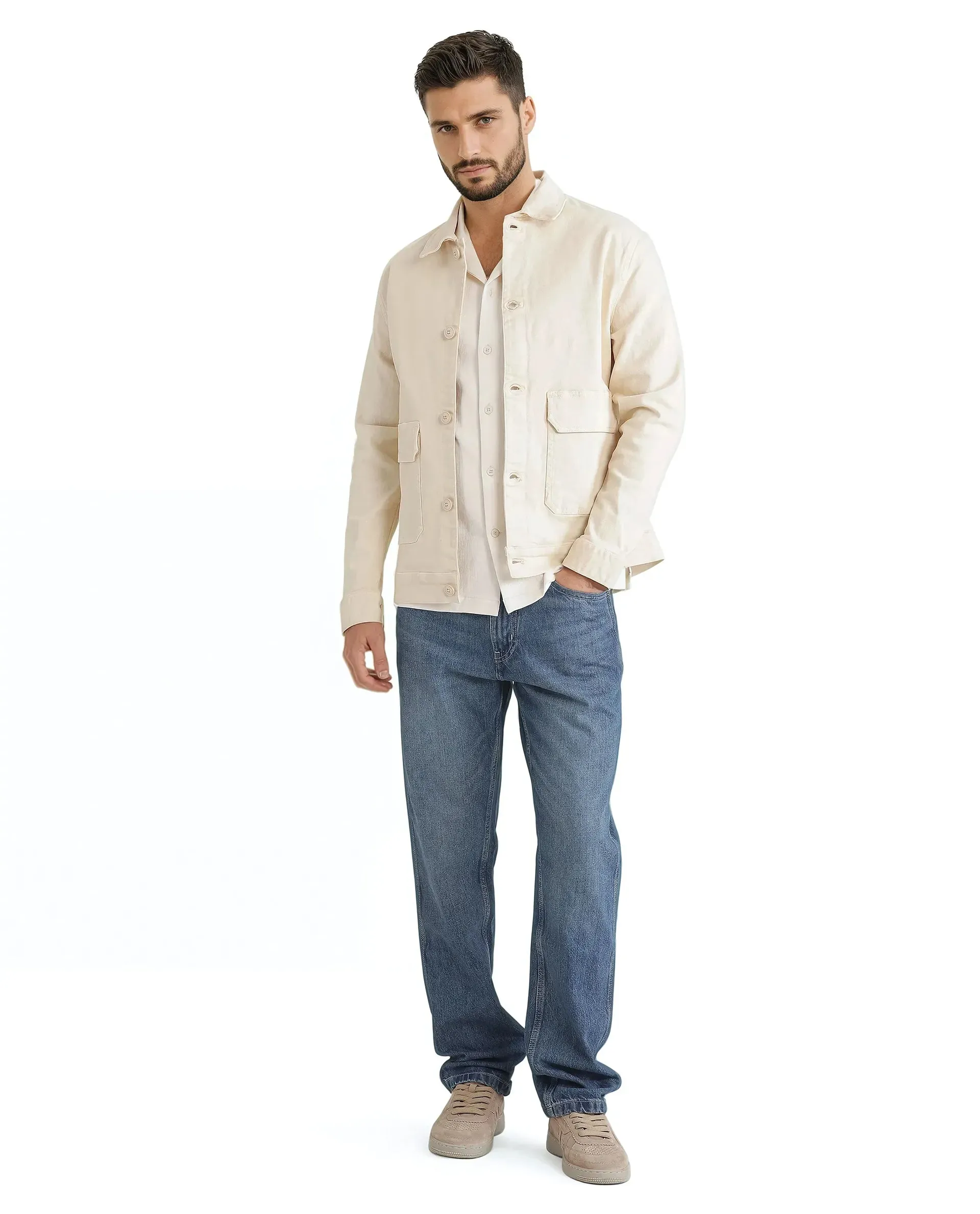 Rare Rabbit Men Volta Off White Cotton Blend Fabric Collared Neck Plain Jacket