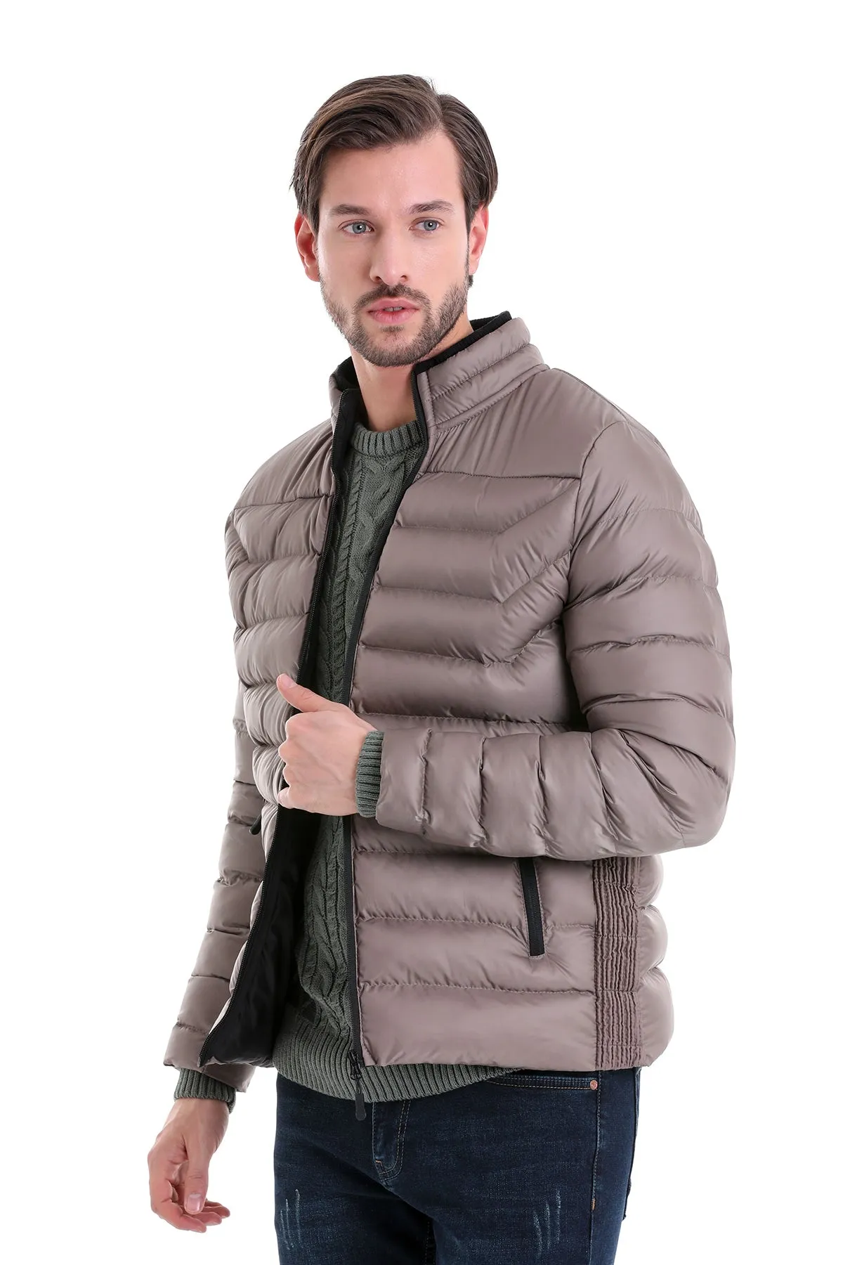 Slim Fit Padded EPHESUS Stand Collar Light Gray Coat, Mink