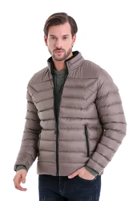 Slim Fit Padded EPHESUS Stand Collar Light Gray Coat, Mink