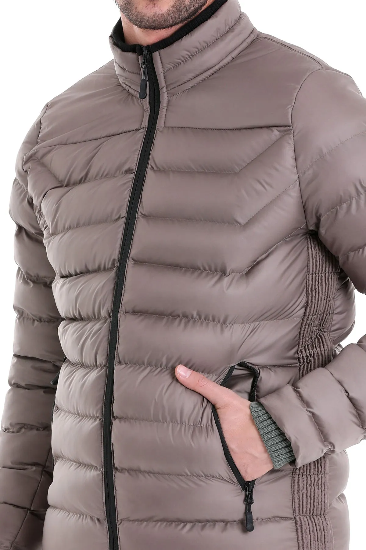 Slim Fit Padded EPHESUS Stand Collar Light Gray Coat, Mink