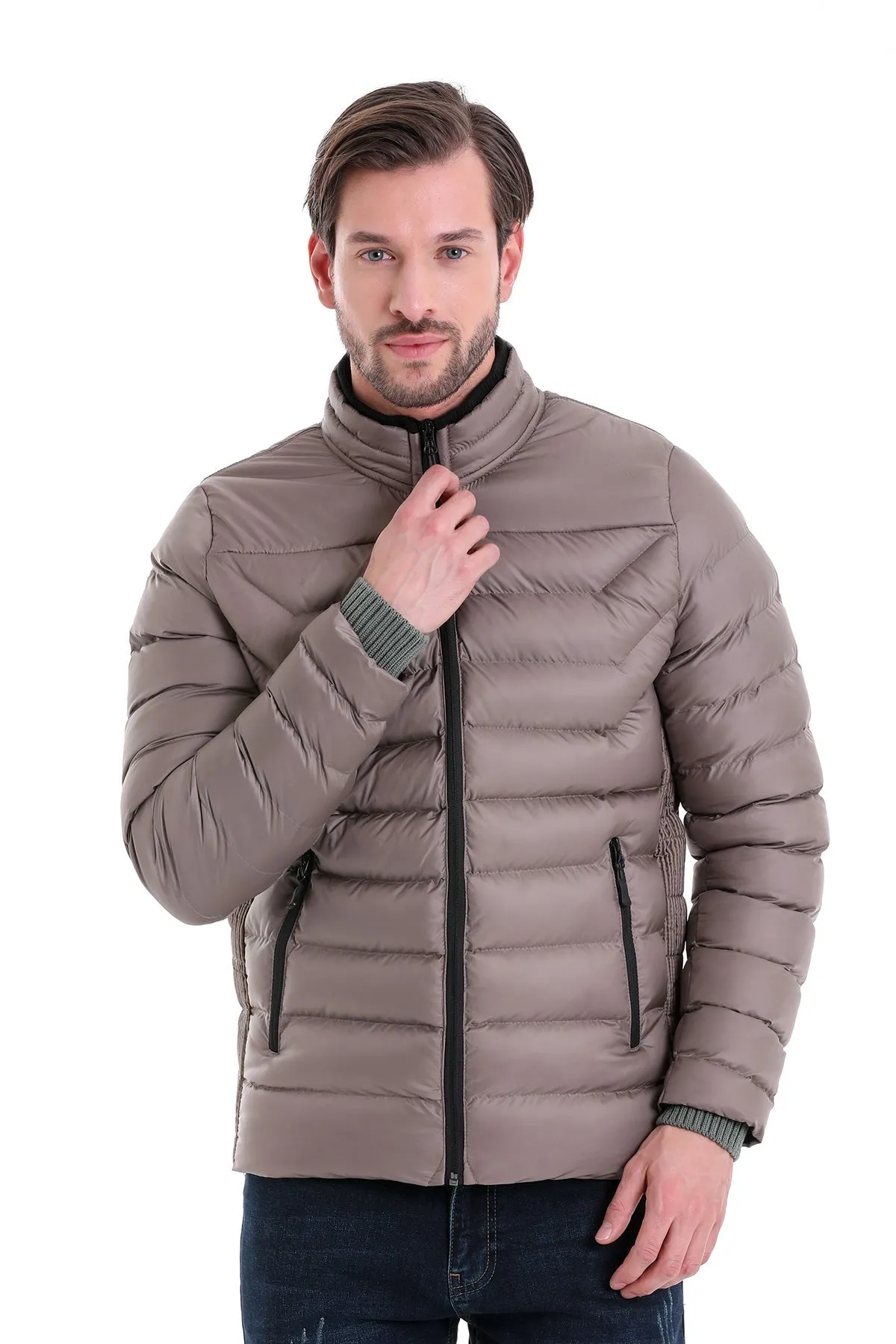 Slim Fit Padded EPHESUS Stand Collar Light Gray Coat, Mink