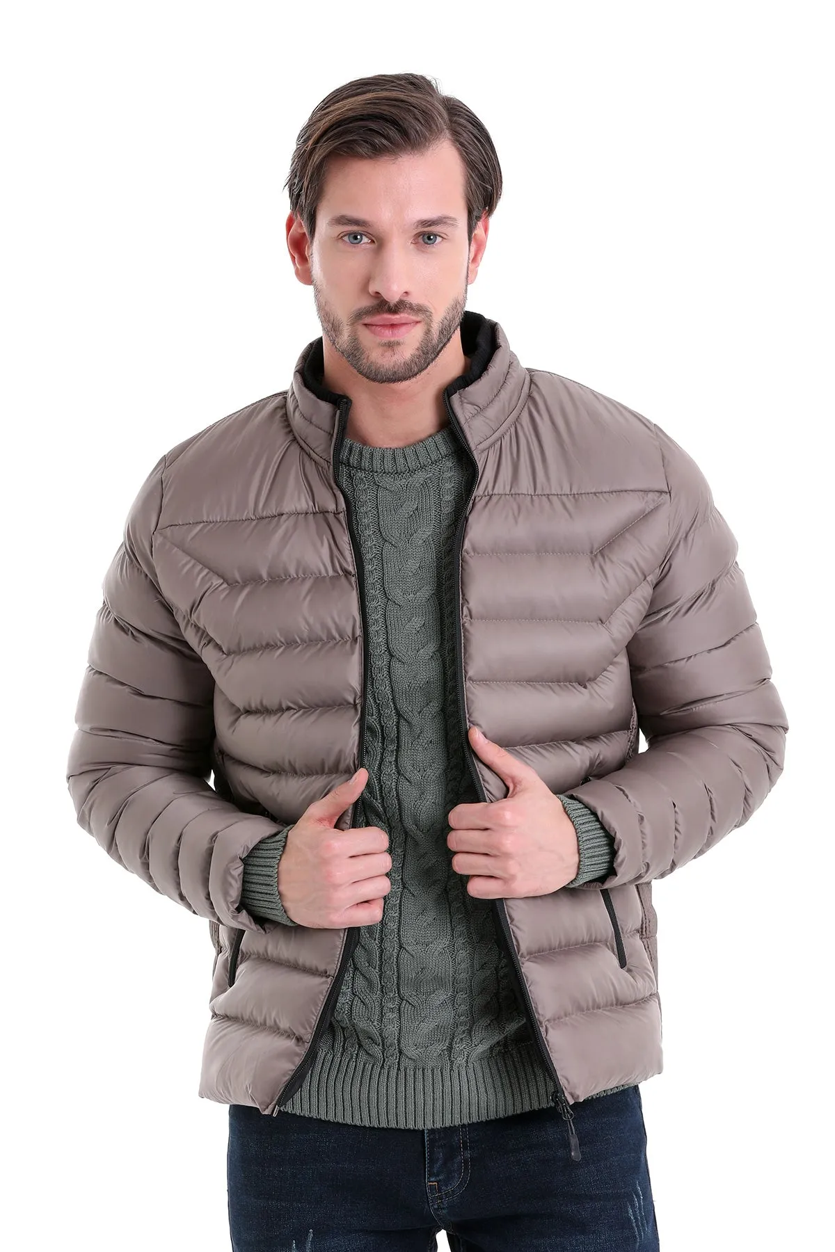 Slim Fit Padded EPHESUS Stand Collar Light Gray Coat, Mink