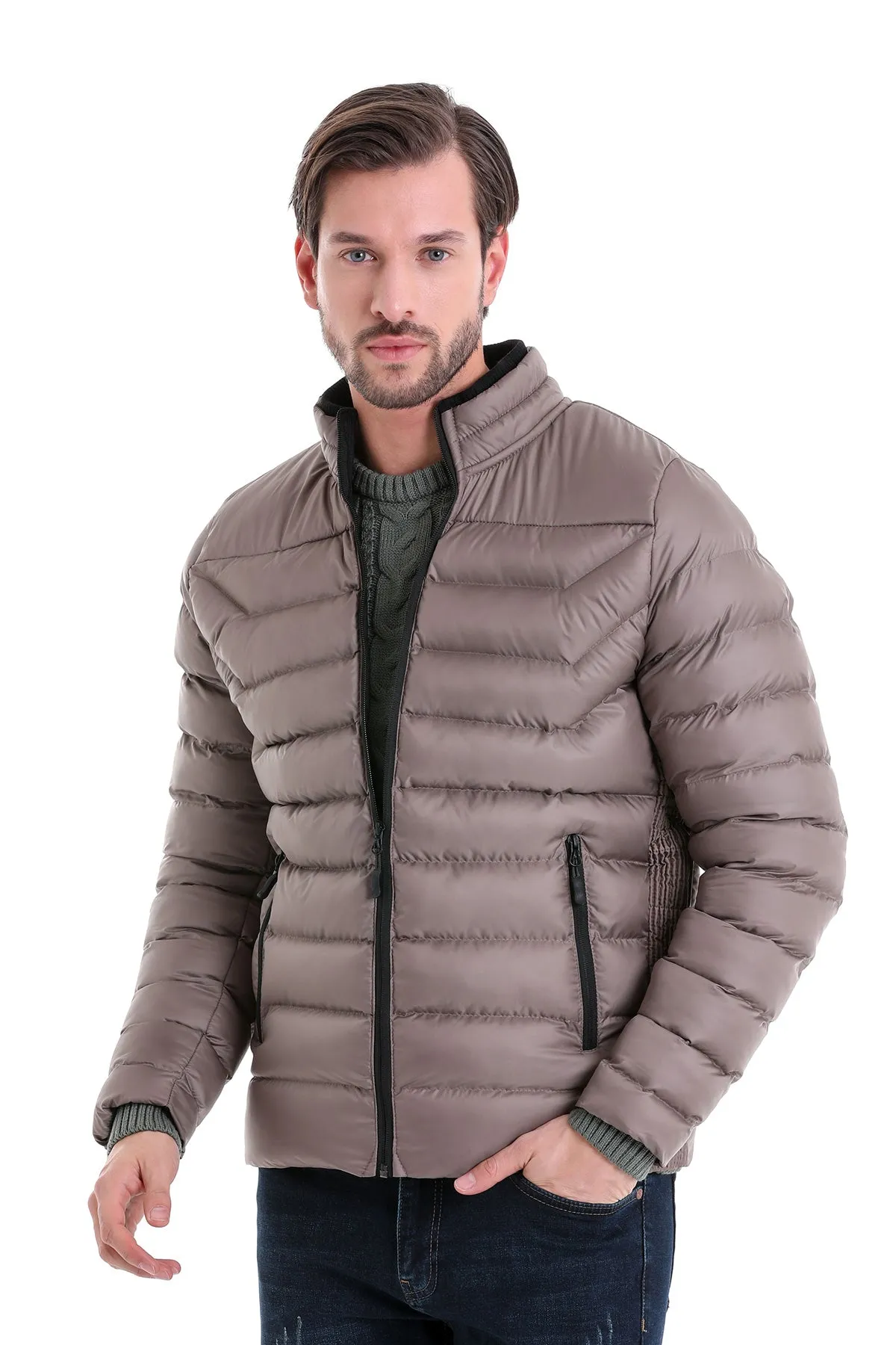 Slim Fit Padded EPHESUS Stand Collar Light Gray Coat, Mink