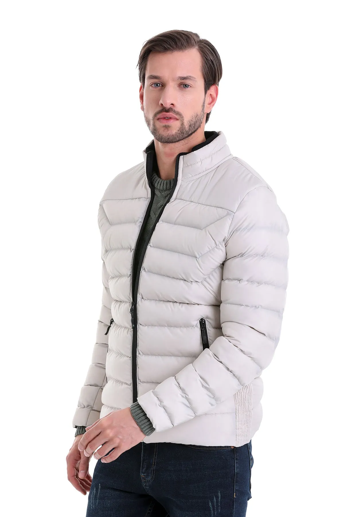 Slim Fit Padded EPHESUS Stand Collar Light Gray Coat, Stone 6
