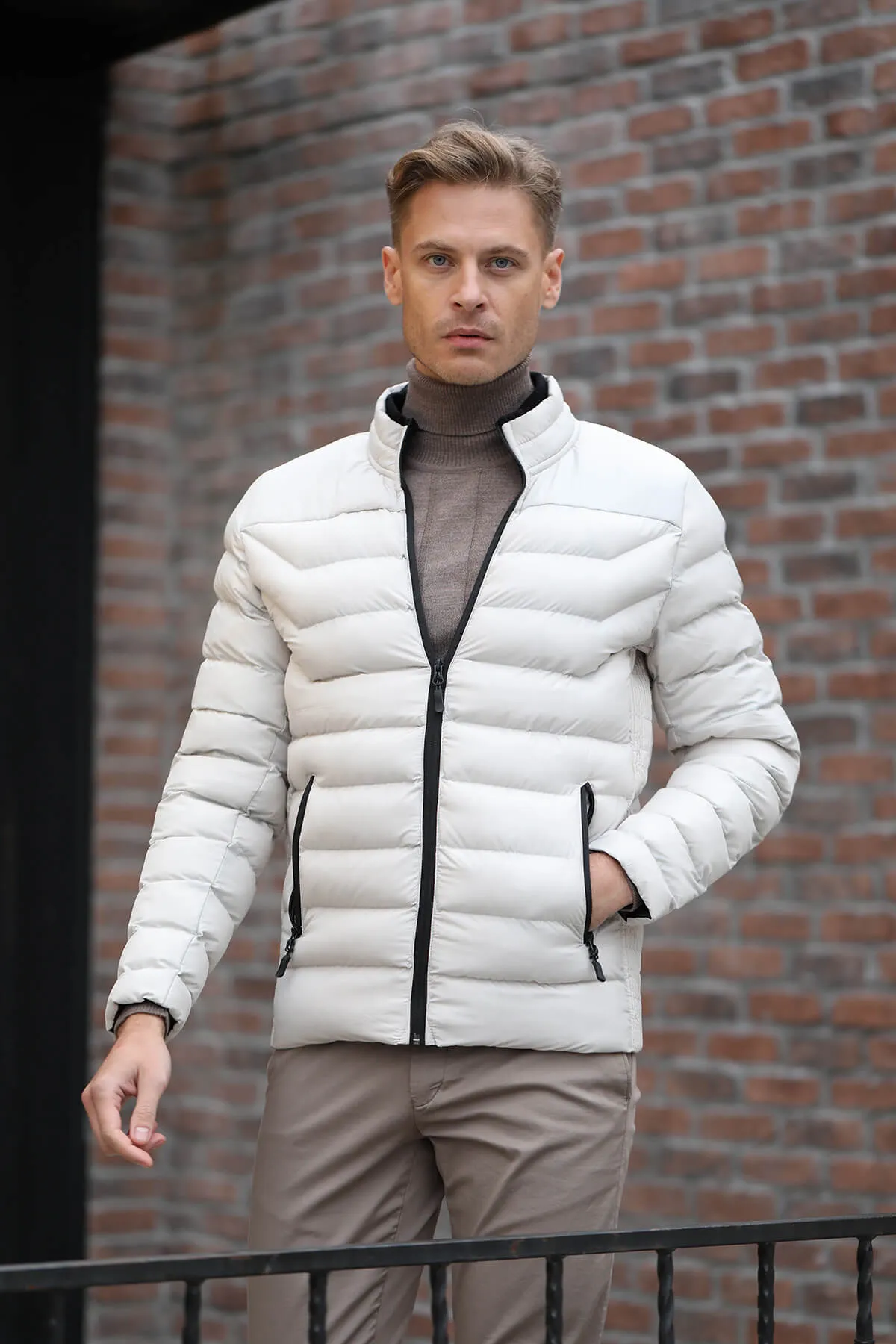 Slim Fit Padded EPHESUS Stand Collar Light Gray Coat, Stone 6