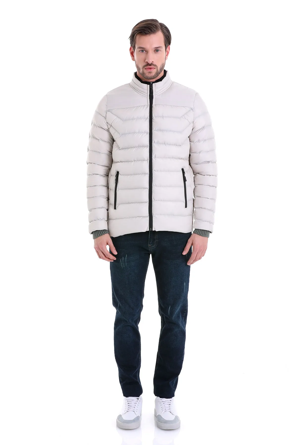 Slim Fit Padded EPHESUS Stand Collar Light Gray Coat, Stone 6
