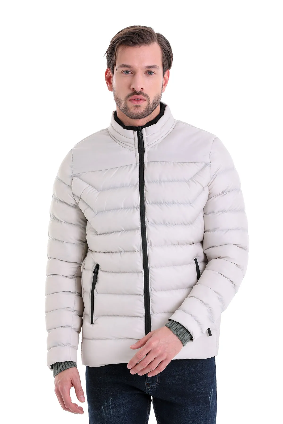 Slim Fit Padded EPHESUS Stand Collar Light Gray Coat, Stone 6