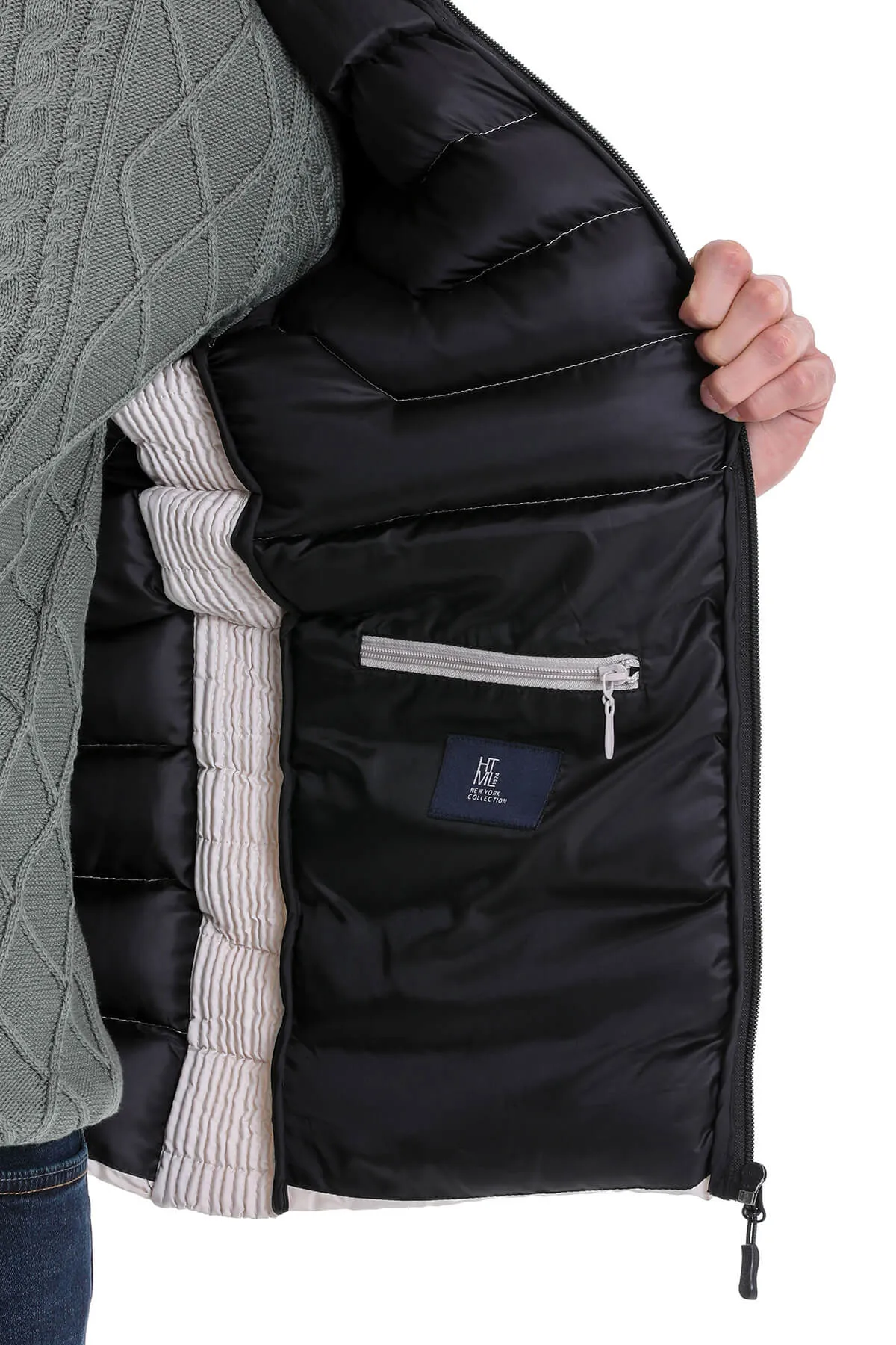 Slim Fit Padded EPHESUS Stand Collar Light Gray Coat, Stone 6