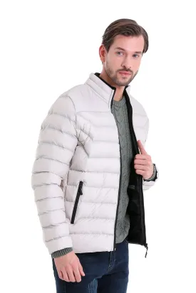 Slim Fit Padded EPHESUS Stand Collar Light Gray Coat, Stone 6