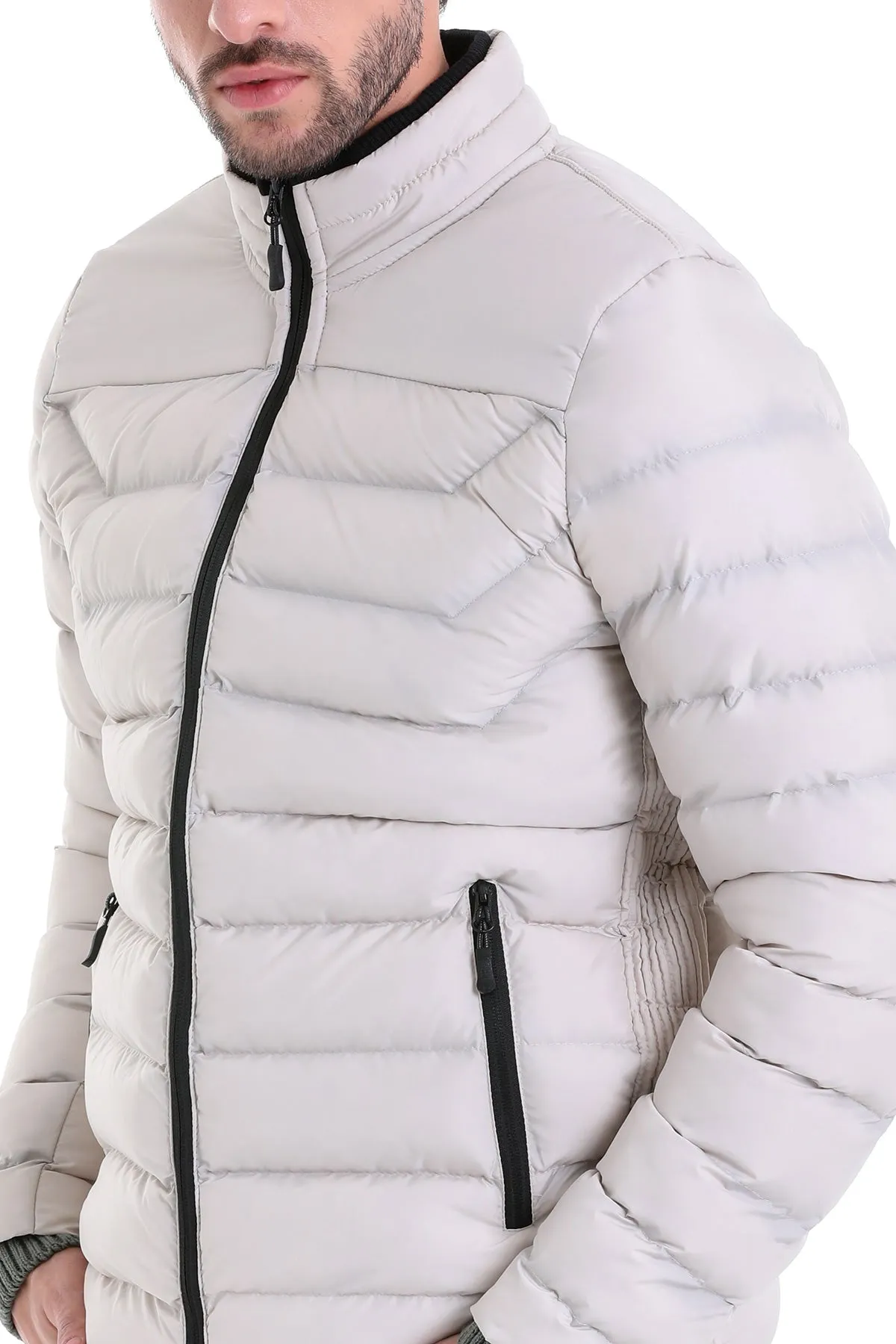 Slim Fit Padded EPHESUS Stand Collar Light Gray Coat, Stone 6